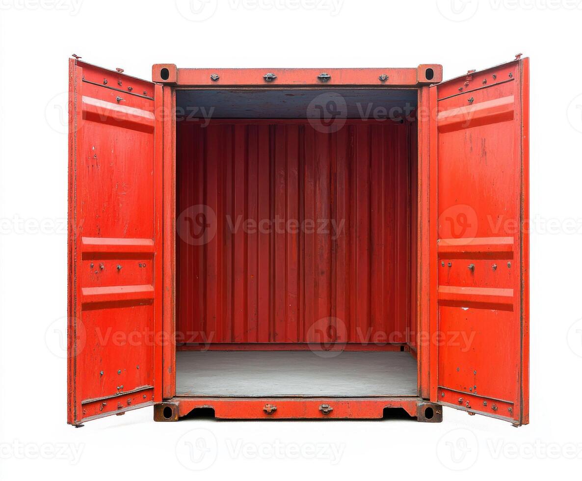 Red shipping container with open doors revealing an empty interior in a bright setting photo
