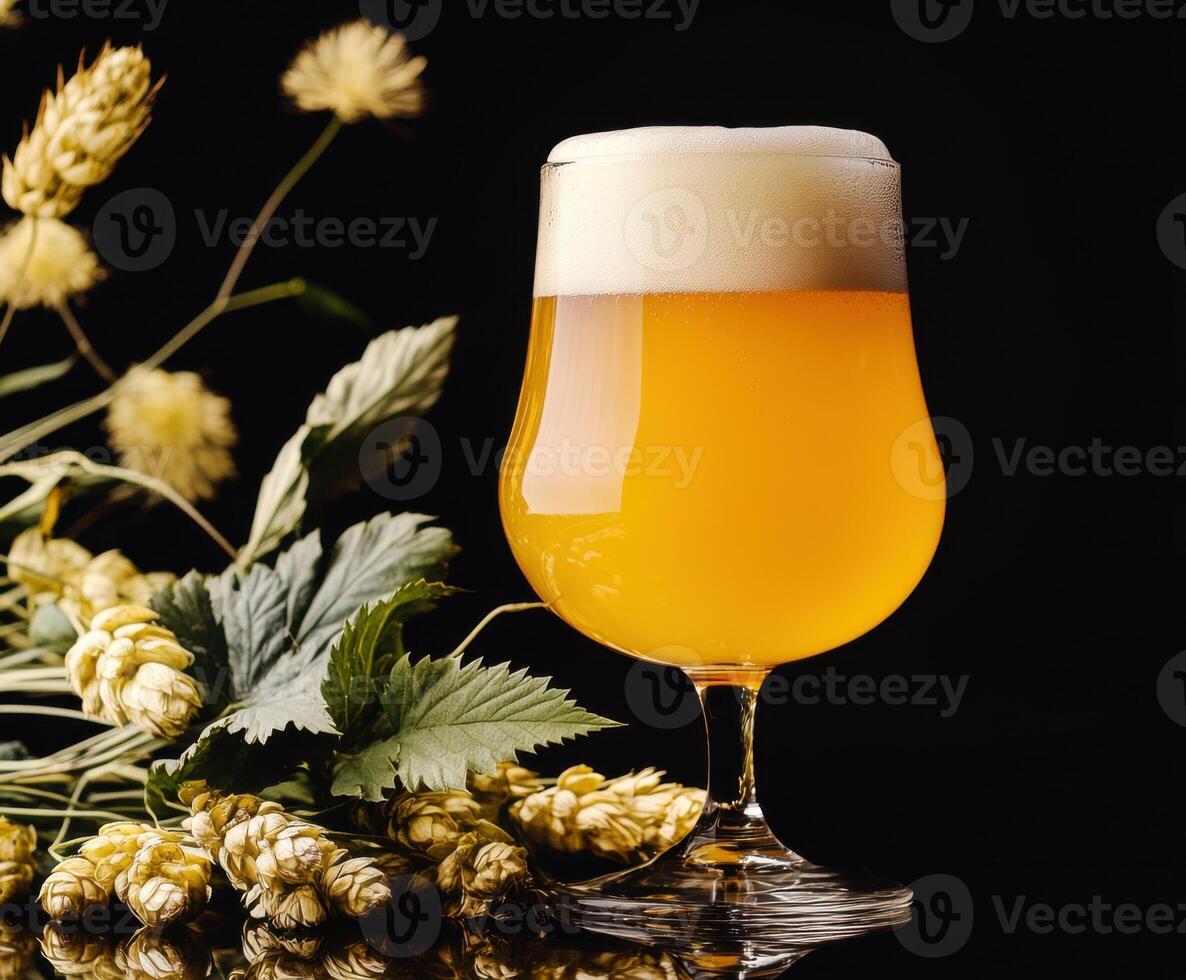 Refreshing craft beer served in a unique glass, surrounded by hop flowers and leaves photo