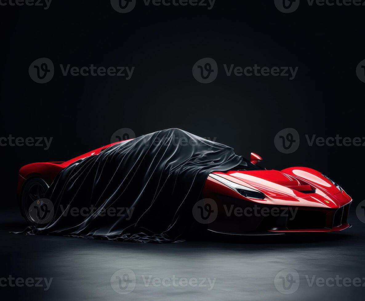 Red sports car covered with black cloth in a dark studio setting creating a sense of mystery and anticipation photo