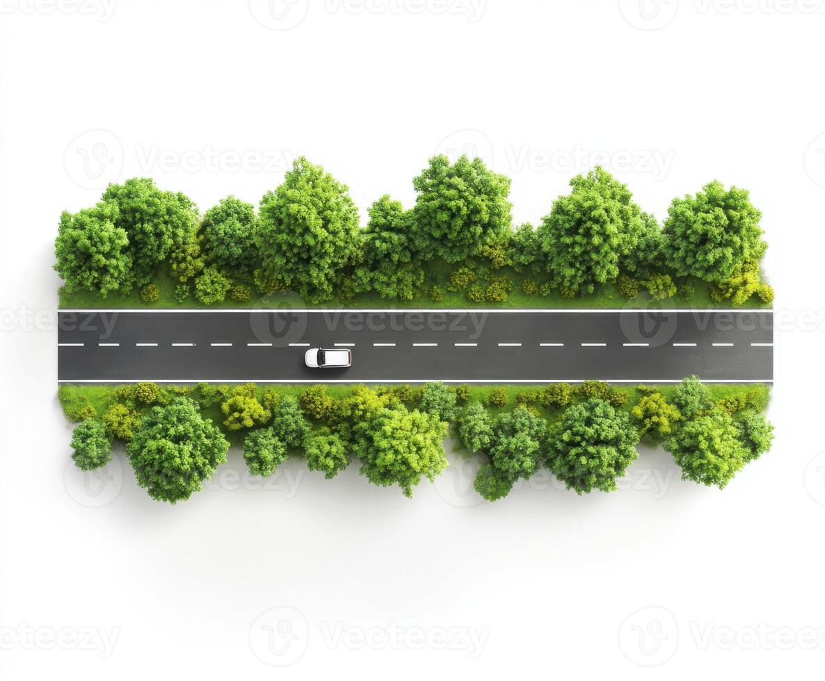 Driving on a tree-lined road in a serene natural landscape during daytime photo