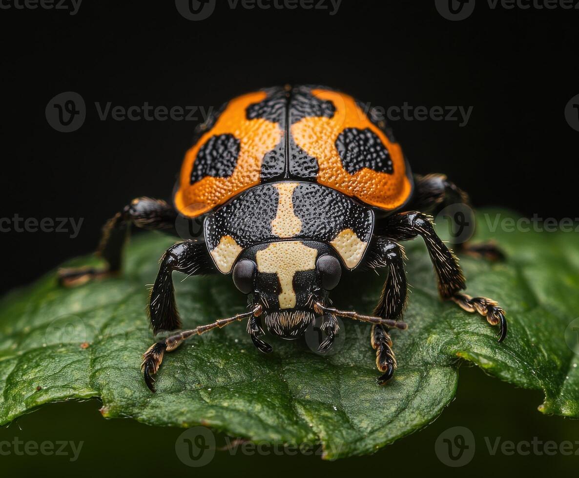 Colorful beetle perched on a green leaf showcasing its vibrant orange and black patterns in nature photo