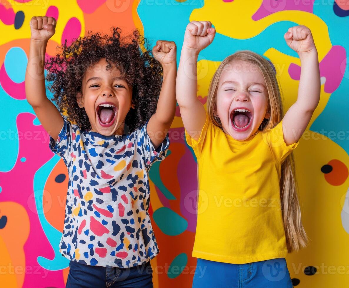 Excited children express joy in front of vibrant wall art at a colorful event photo