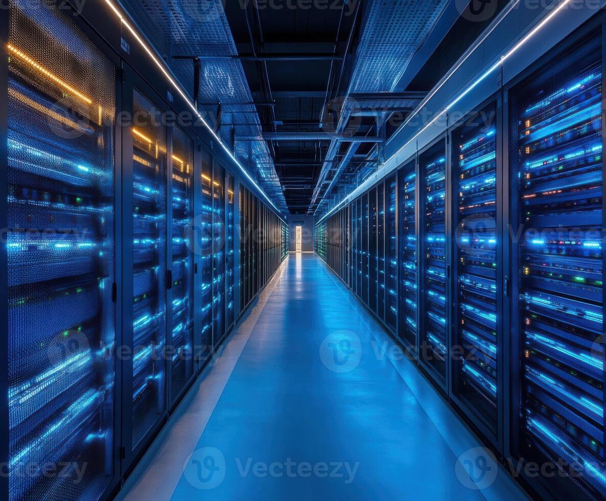 Data center corridor features illuminated server racks and modern technology at night in a high-tech facility photo