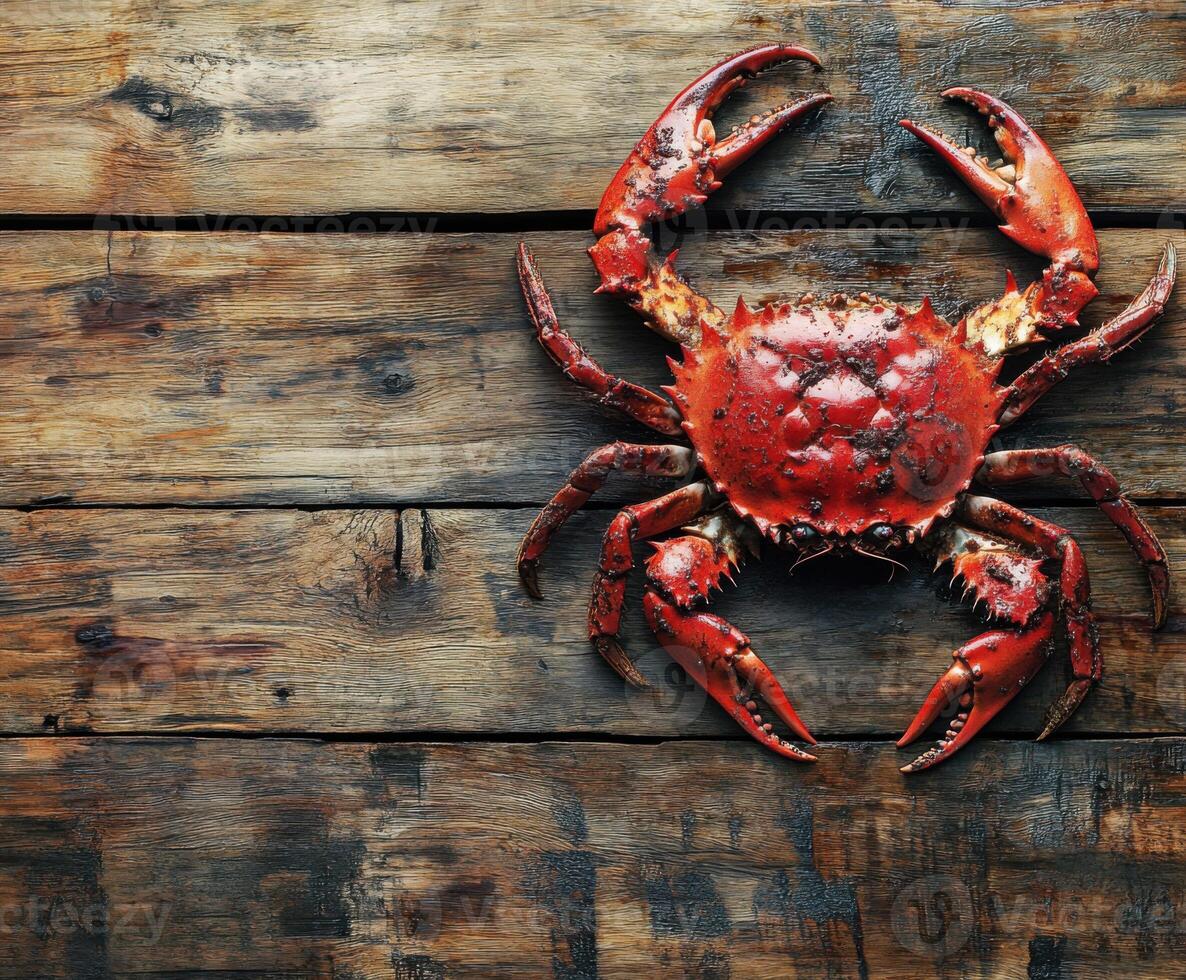 Fresh red crab displayed on a rustic wooden surface highlighting its vibrant color and details photo