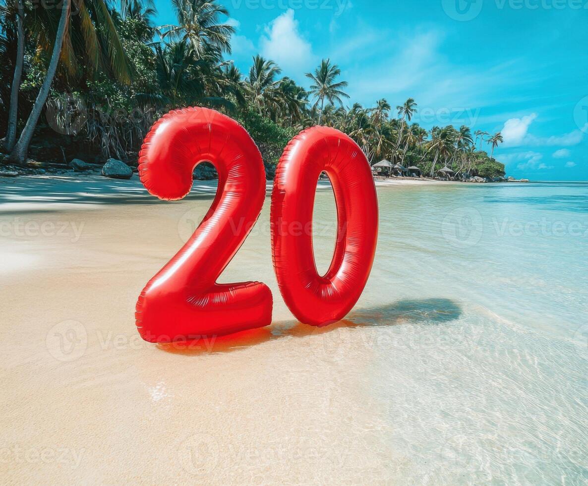 Celebration of turning 20 on a tropical beach with palm trees and clear waters under a bright blue sky photo