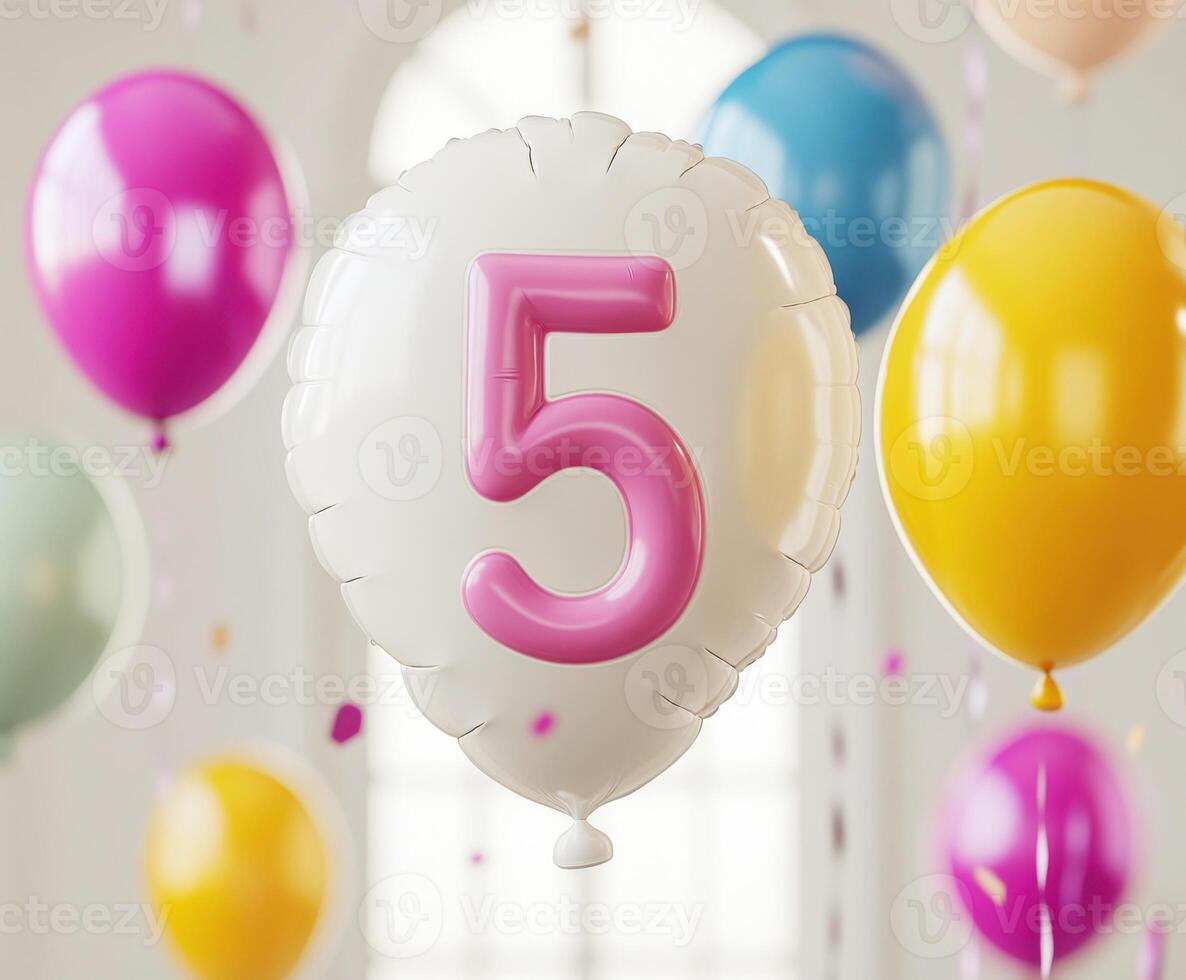 Colorful balloons celebrate a fifth birthday party in a vibrant indoor setting filled with joy and excitement photo