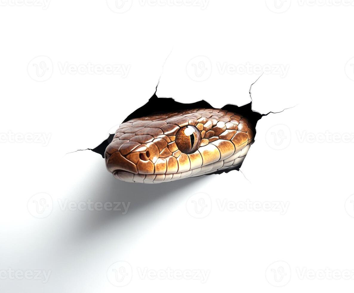 Snake emerging through a crack in a wall depicting curiosity and stealth in a surreal setting photo