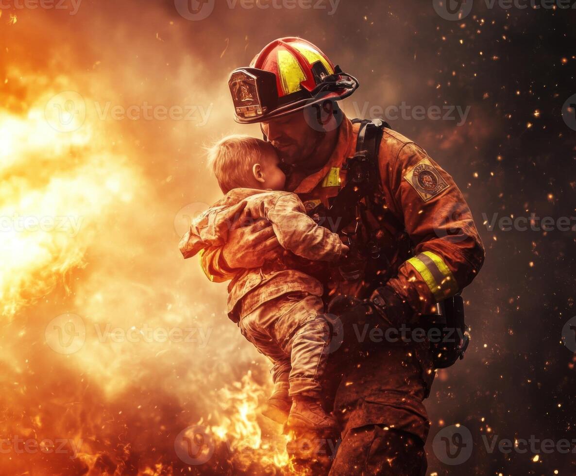 Firefighter rescues child during blaze amidst smoke and flames in dramatic display of courage and bravery photo