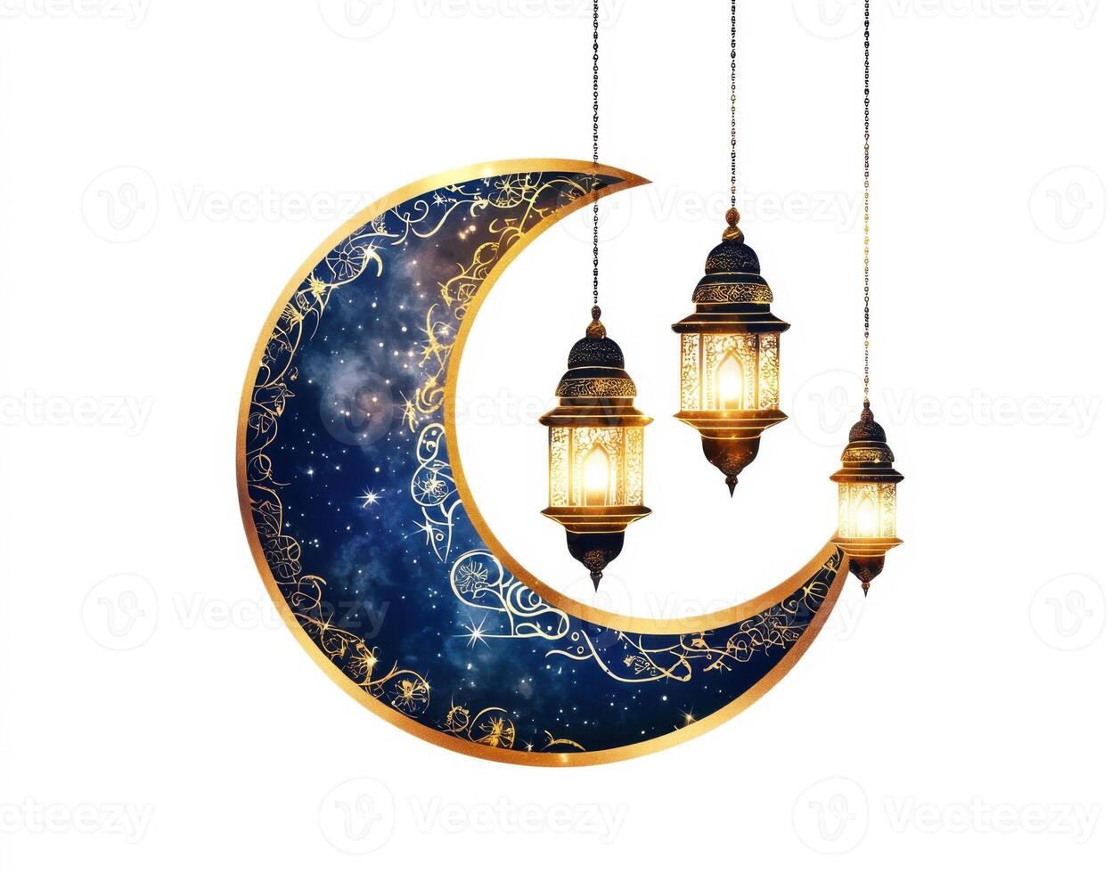Beautiful crescent moon with hanging lanterns illuminated against a starry night sky, perfect for festive decorations photo