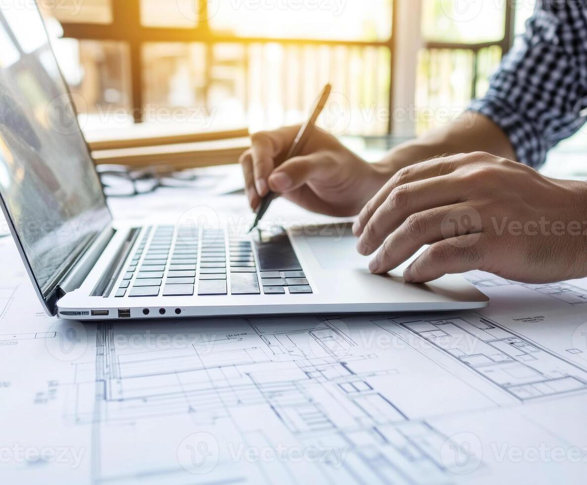 Professional engages in design work while using a laptop on construction blueprints in a bright modern workspace photo