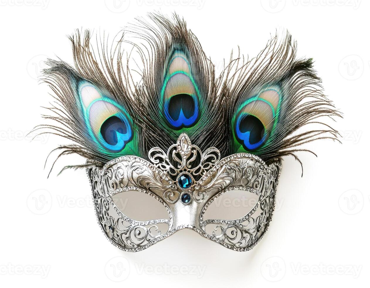 Elegant masquerade mask adorned with peacock feathers and intricate designs for festive celebrations photo