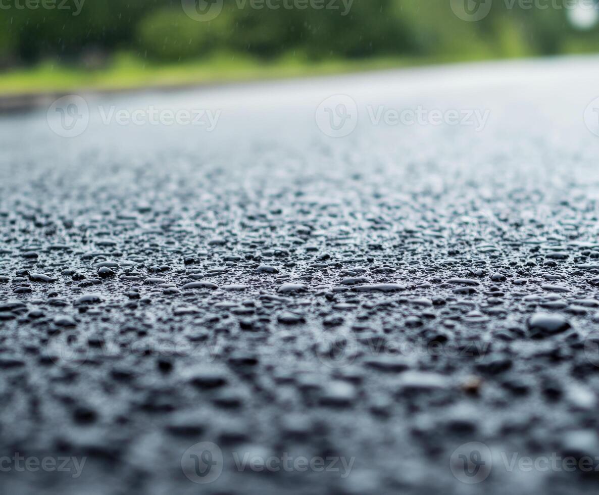 Road surface covered in raindrops reflecting lush greenery during a rainy day photo