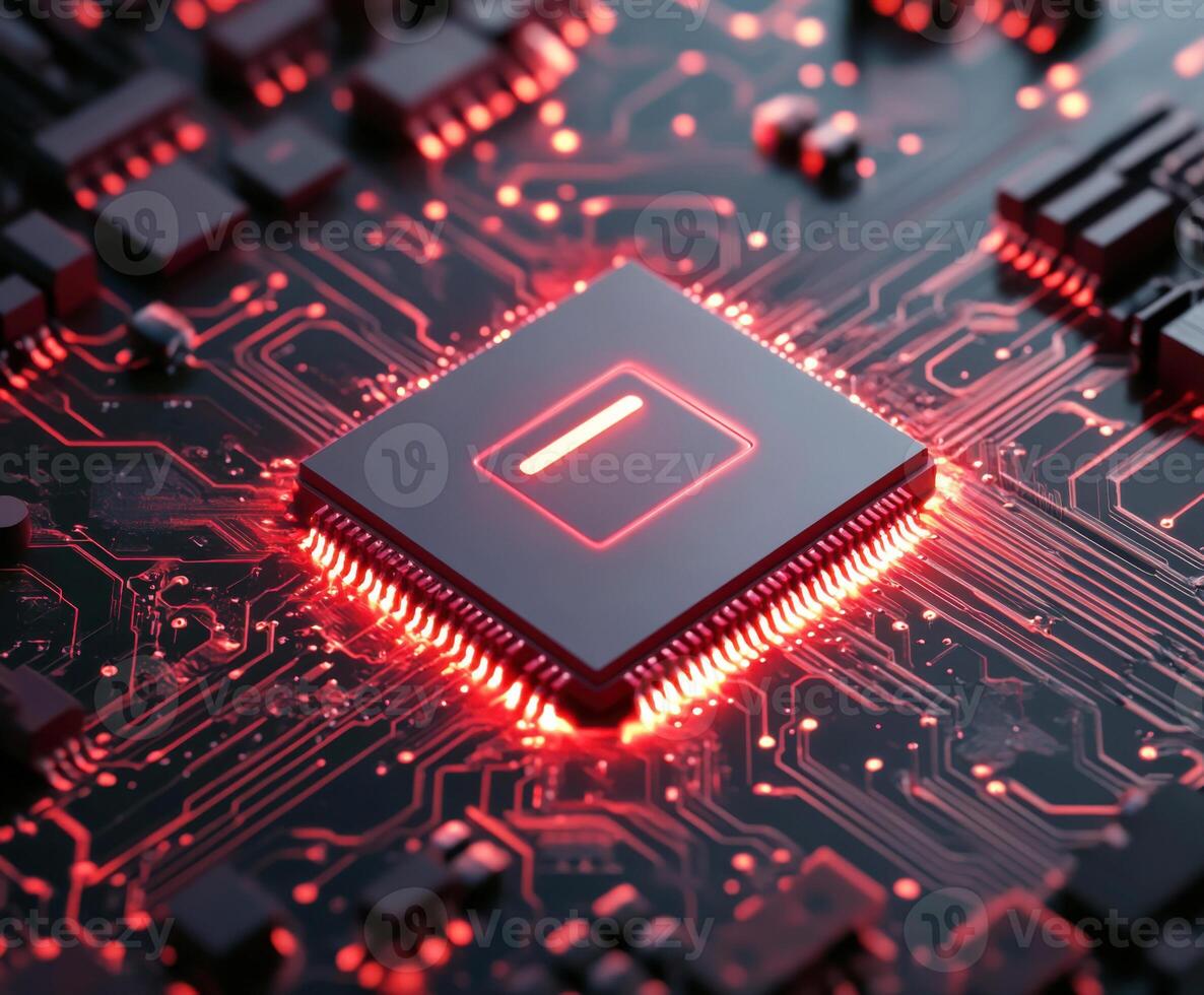 Close-up view of a computer processor illuminated by red lights on a circuit board showcasing advanced technology photo