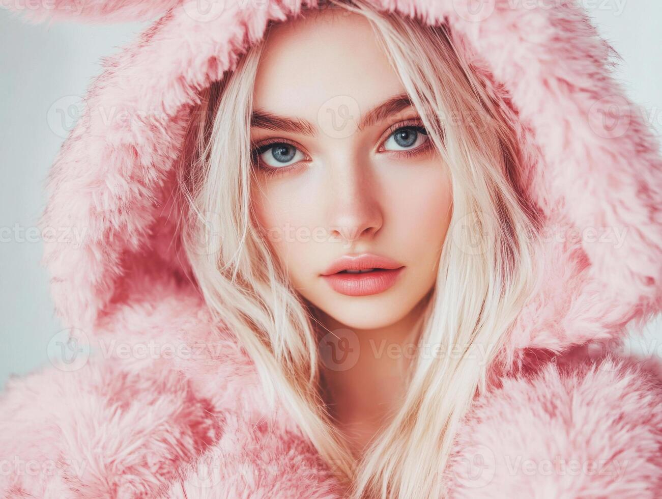 Young woman wearing a fluffy pink hooded jacket poses with soft expression in a bright, cheerful setting photo