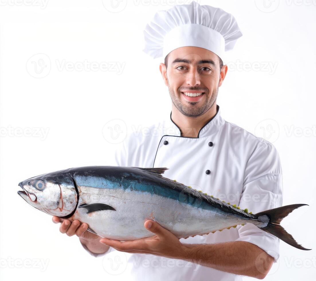 Chef holds fresh tuna fish proudly, showcasing culinary skills in a professional kitchen setting photo