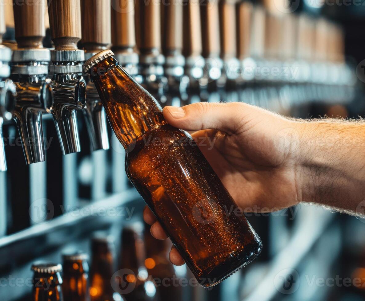 Hand reaching for cold beer bottle at a bar with multiple taps in the background photo