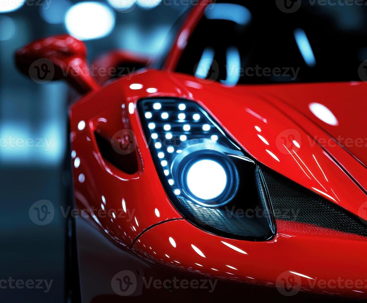 Close-up view of a sleek red sports car highlighting modern design and intricate details at night photo