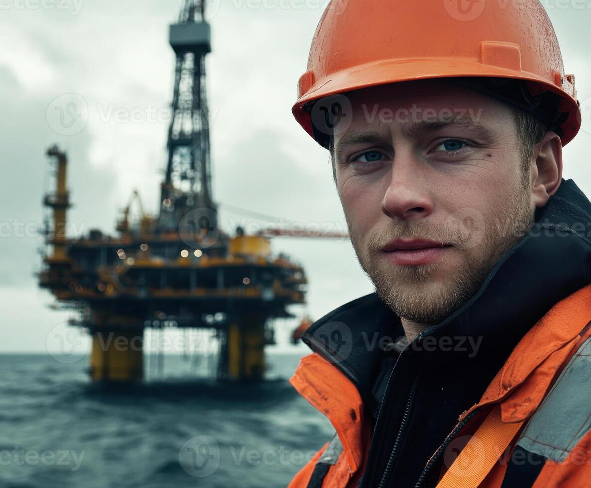 Portrait of a worker on an offshore oil rig with machinery in the background during an overcast day at sea photo