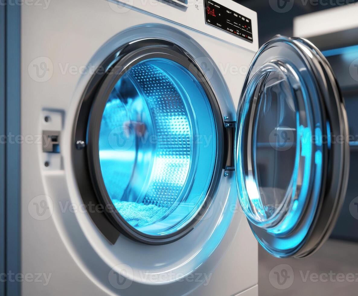 Washing machine with a transparent door showcasing a vibrant blue light during a wash cycle in a modern laundry room photo