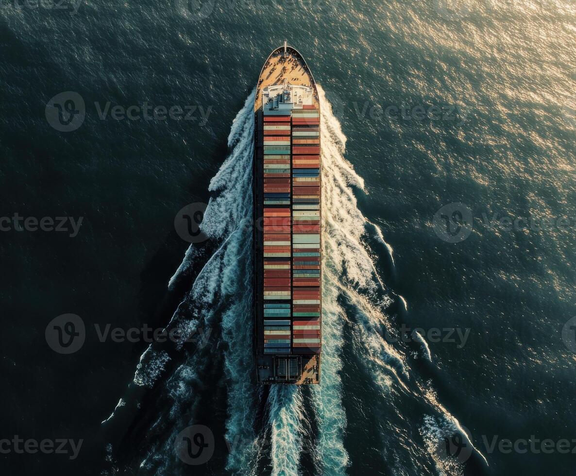 Container ship sails through open waters, creating waves under the setting sun photo