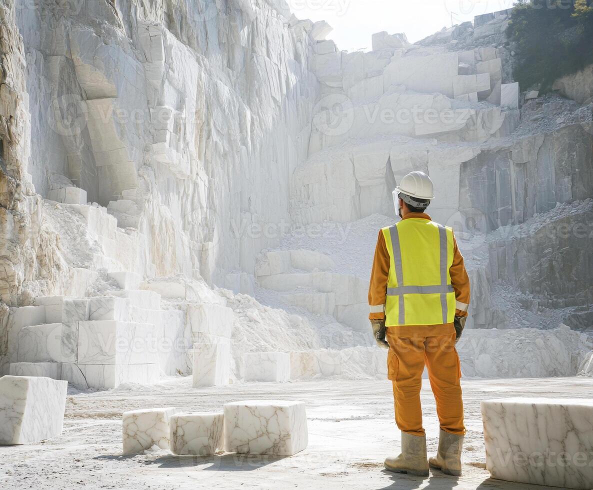 Worker examines marble quarry landscape under bright sunlight, showcasing vast white stone blocks in the background photo