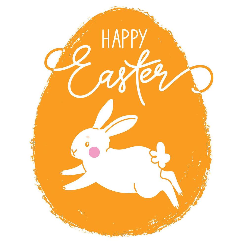 Happy Easter hand drawn egg background with cute rabbit. Bright template Easter greeting card. vector