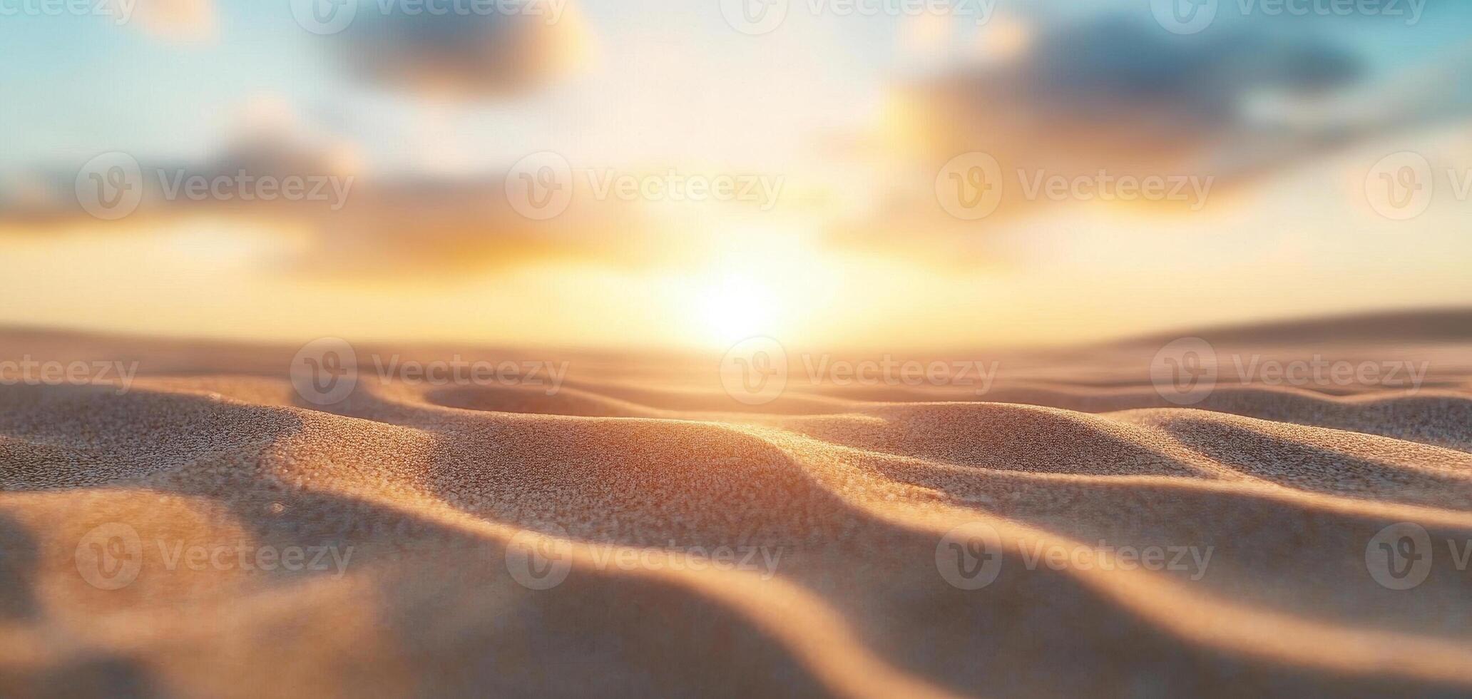 Sand dunes stretch across horizon under dramatic sunset, creating serene and tranquil atmosphere. soft textures of sand glisten in warm light photo