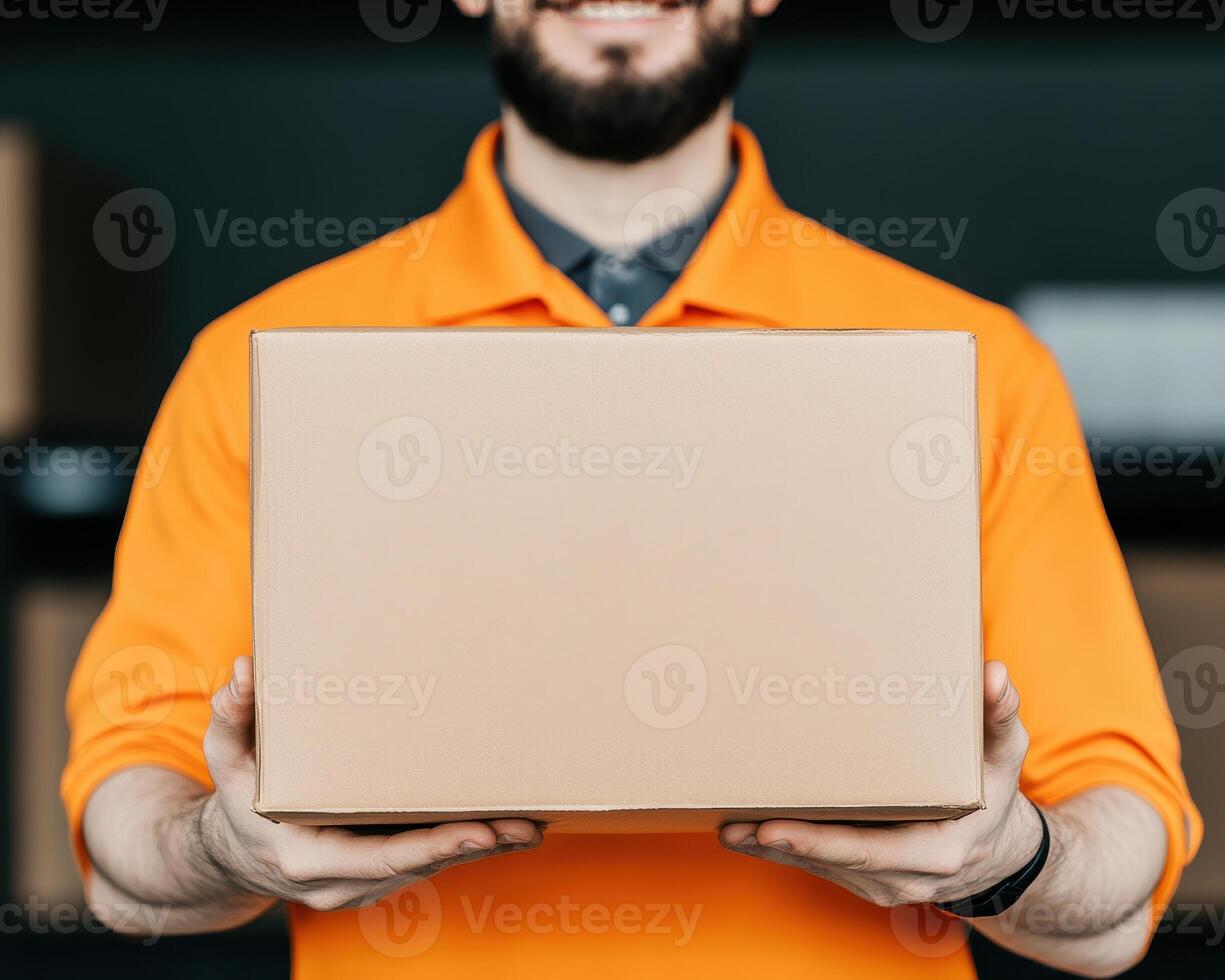 Happy delivery person in orange shirt holding parcel with smile, showcasing excellent service and customer satisfaction photo