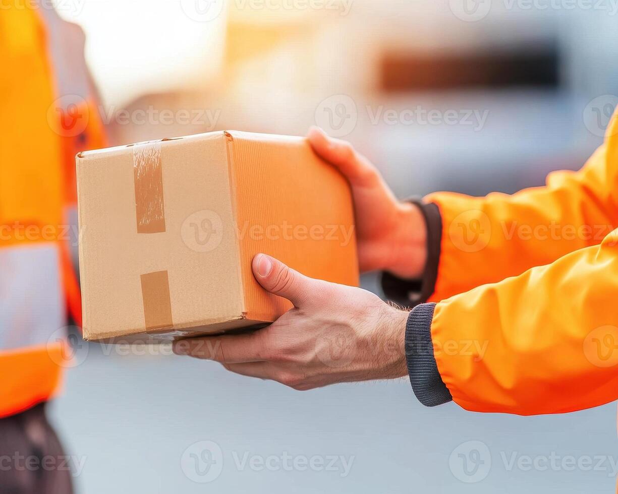 worker in orange jacket hands package to customer, showcasing friendly delivery service. scene captures essence of customer satisfaction and efficient service photo