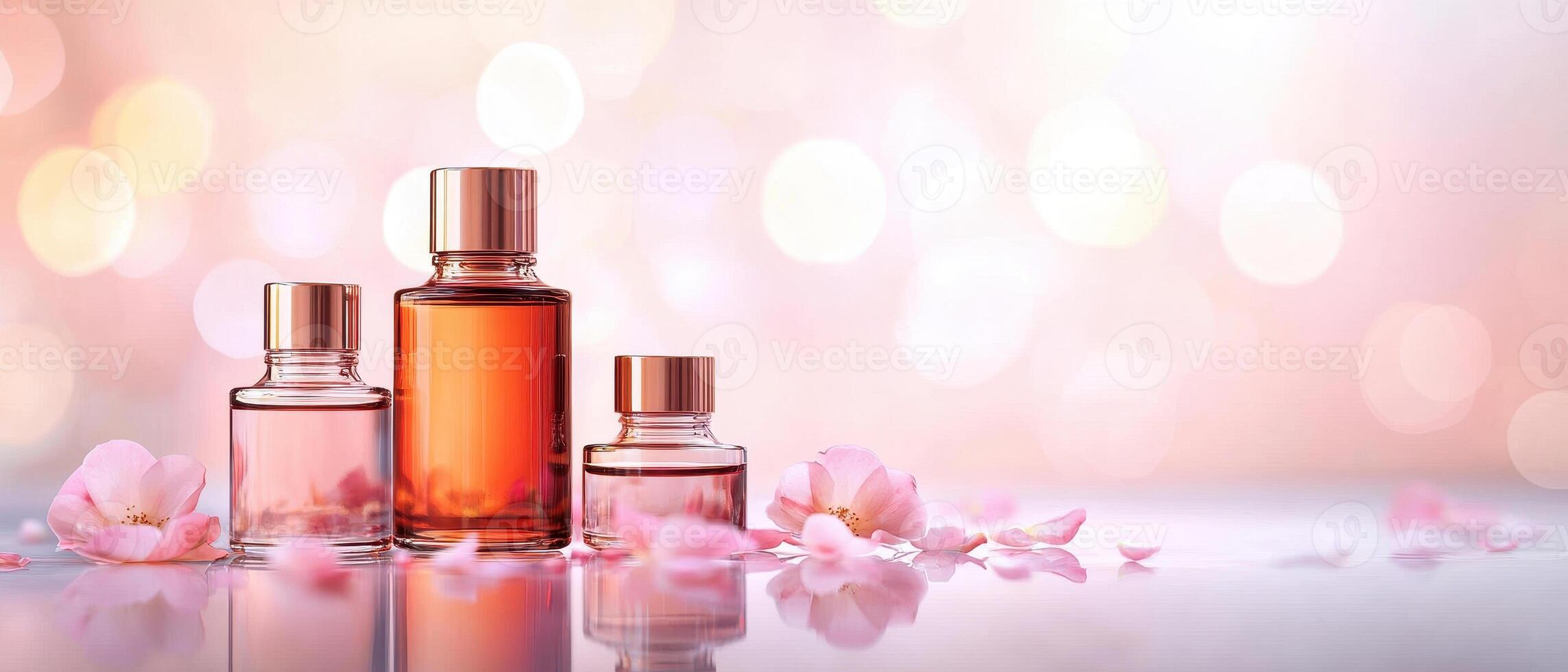 Artistic shot of rose oil bath bottles with scattered petals, creating serene and elegant atmosphere. soft bokeh background enhances beauty of scene photo