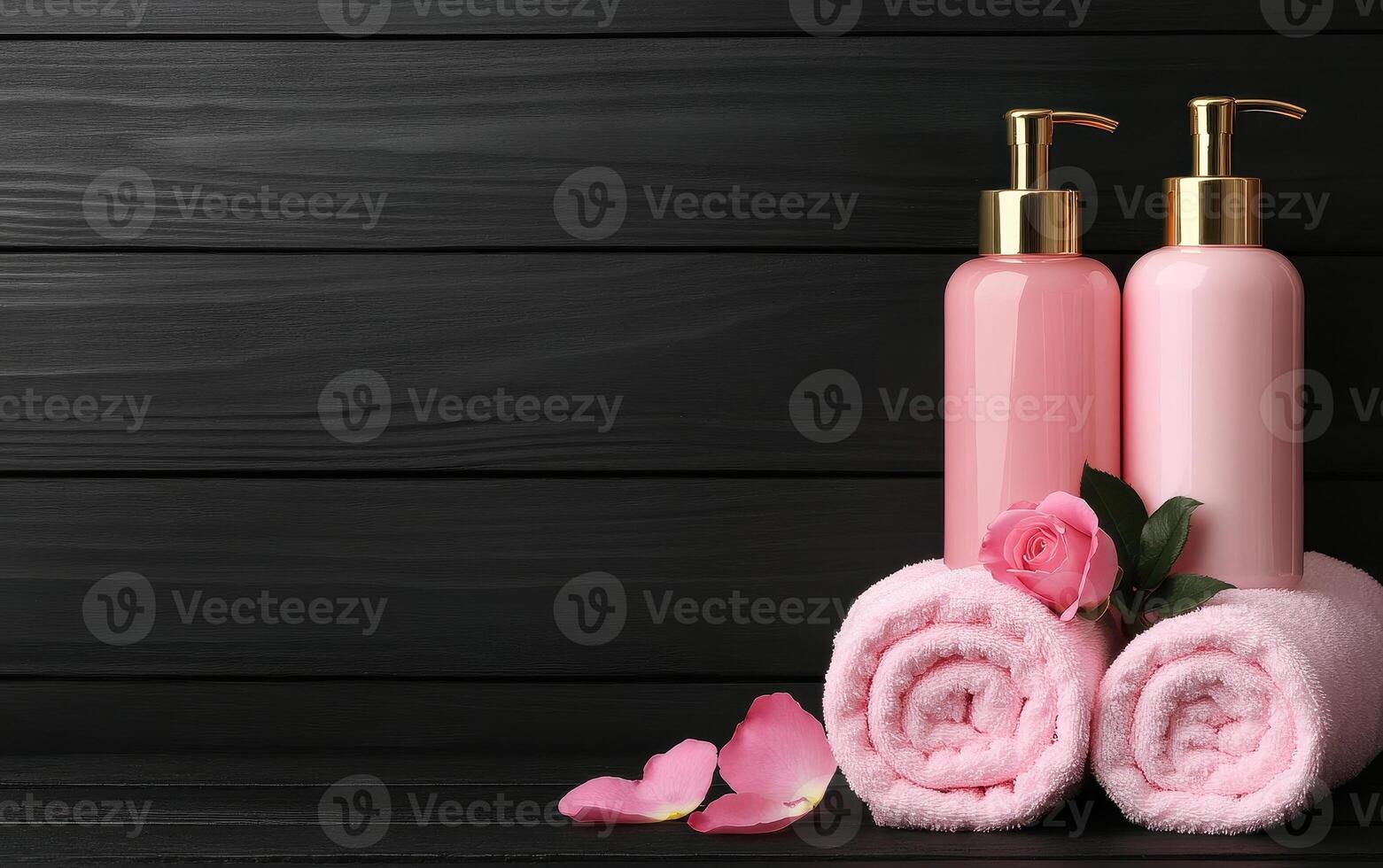 Luxurious pink spa products with rose petals and soft towels create serene atmosphere for relaxation and self care. Perfect for enhancing your beauty routine photo