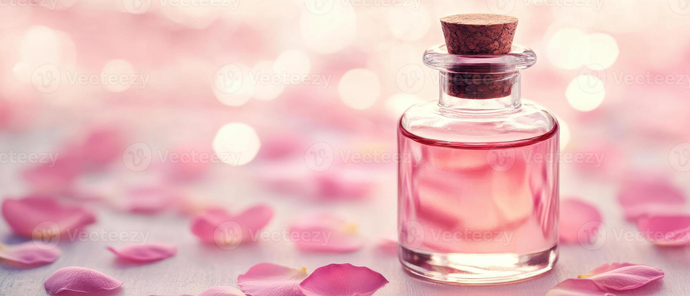 close up of rose oil bottle surrounded by pink petals, creating romantic and serene atmosphere. soft focus and bokeh effect enhance beauty of scene photo
