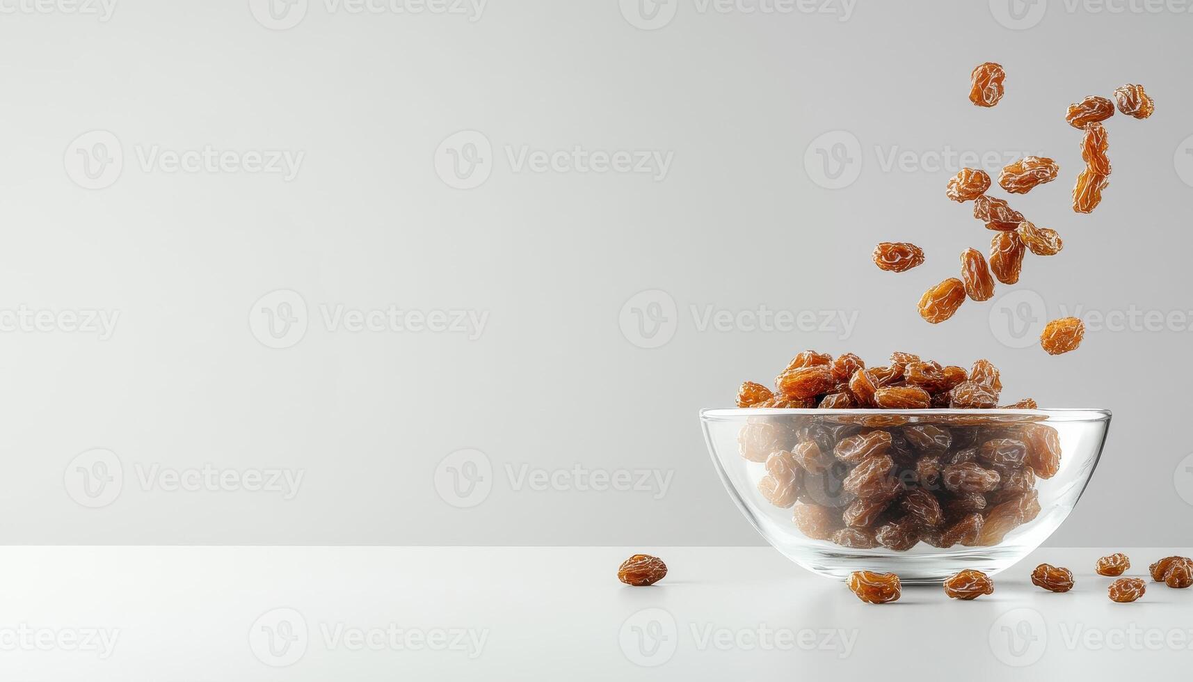Cascading raisins falling from glass bowl, creating dynamic and appetizing scene. warm tones of raisins contrast beautifully with minimalist background photo