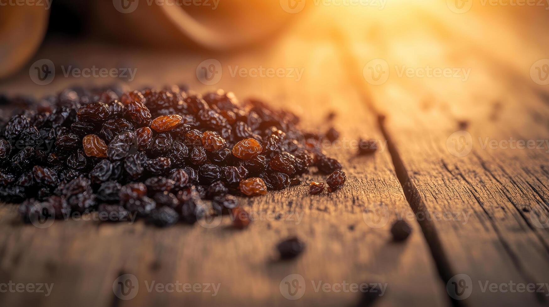 Close up of vibrant raisins scattered on wooden surface, illuminated by warm sunlight, creating cozy and inviting atmosphere photo