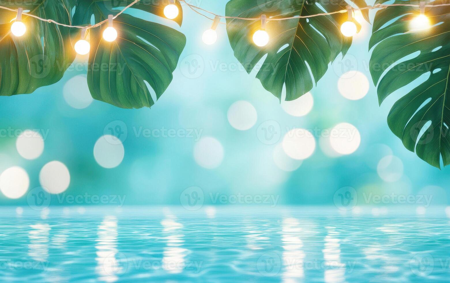 Tropical themed pool party decor with palm leaves and string lights creates vibrant atmosphere. shimmering water reflects festive mood, perfect for summer gatherings photo