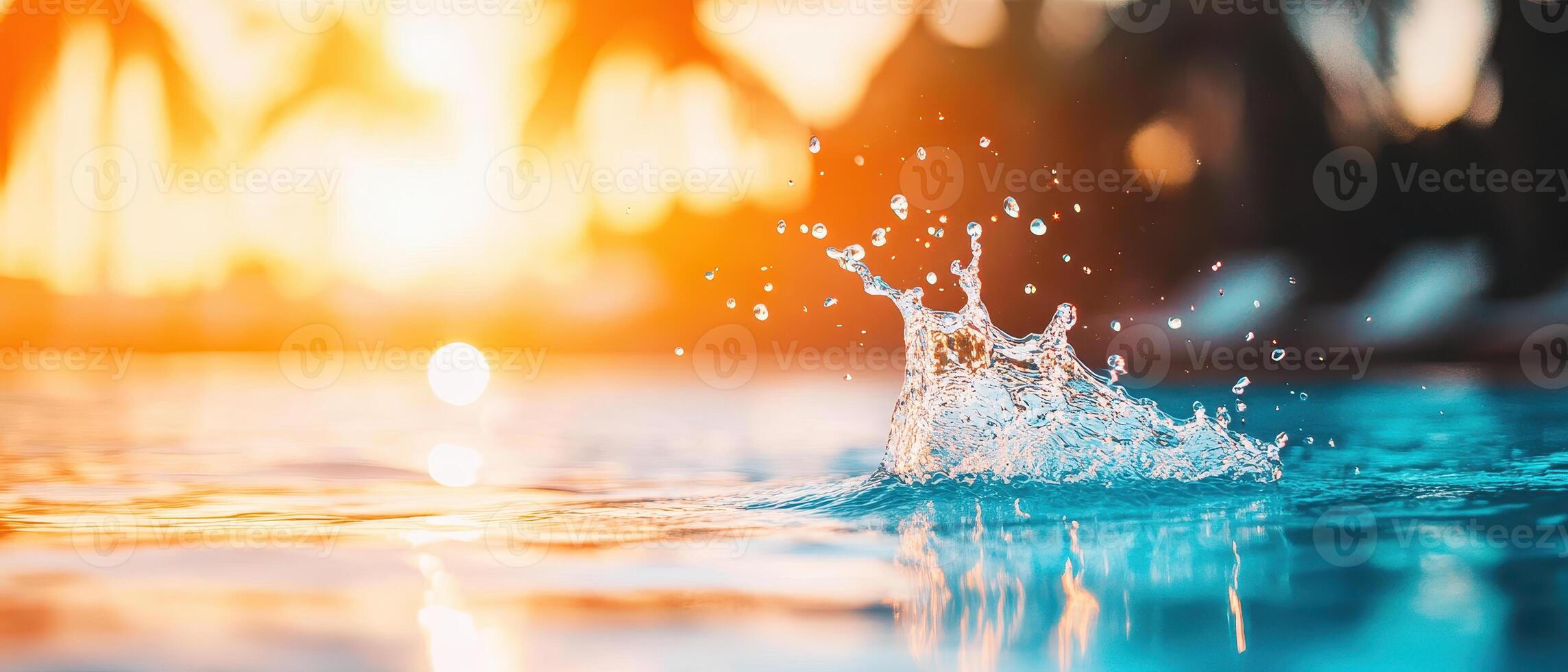 close up of water splashes in sunlit pool, capturing essence of relaxation and summer vibes. vibrant colors and sparkling droplets create refreshing atmosphere photo