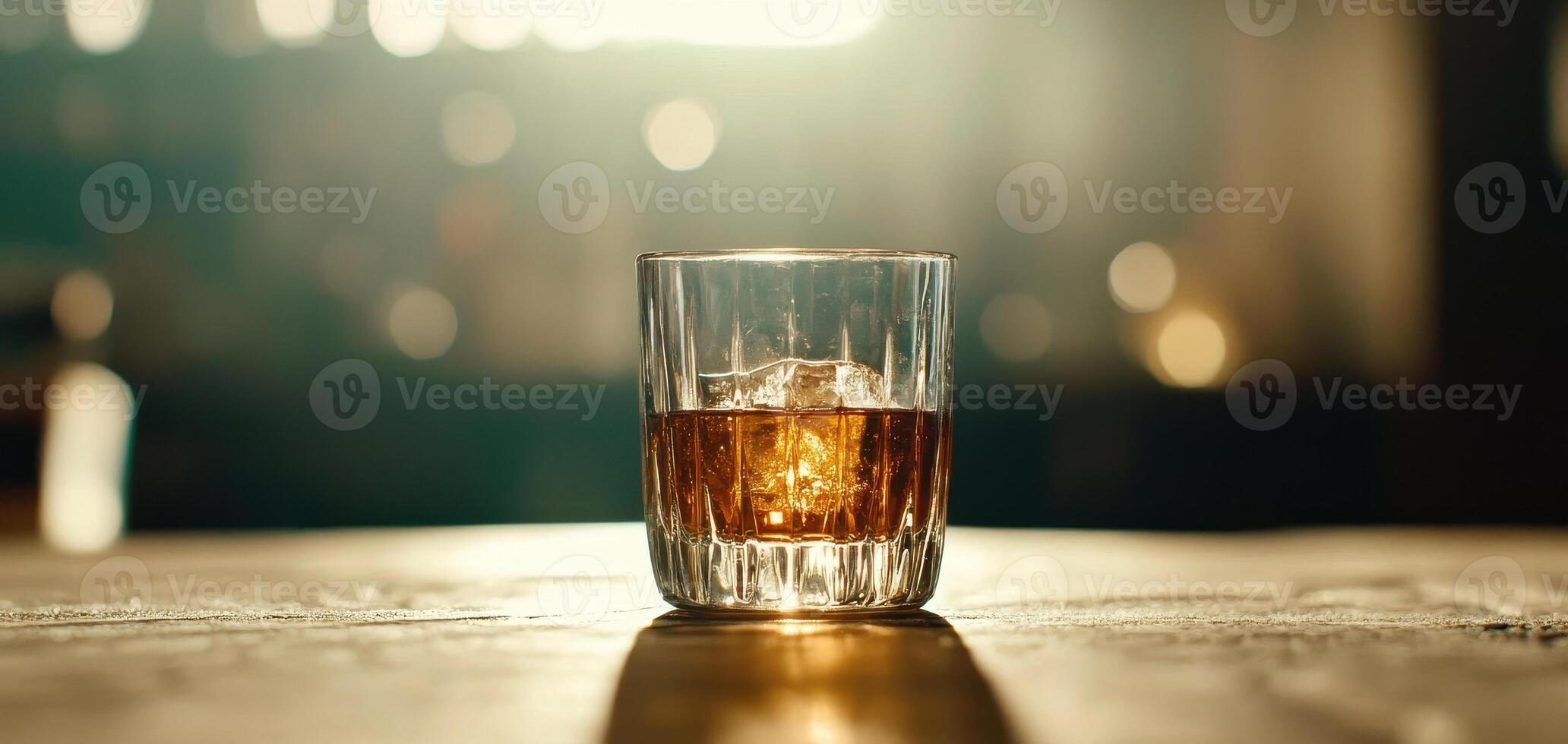 whiskey glass filled with amber liquid and ice, illuminated by soft light, creates warm and inviting atmosphere photo