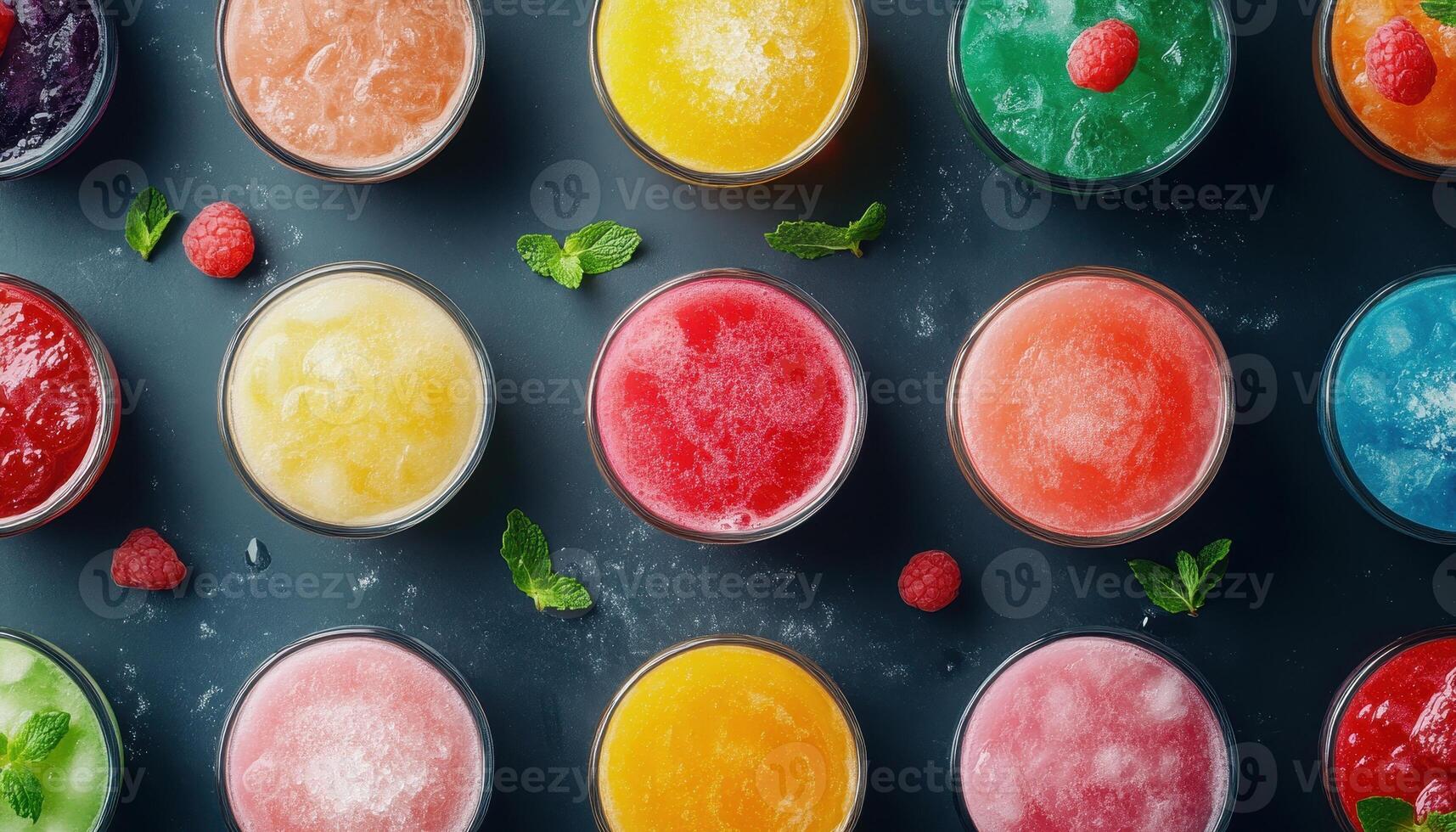 Colorful cocktail spread featuring various fruity drinks in glasses, garnished with mint and raspberries, creating vibrant and refreshing atmosphere photo