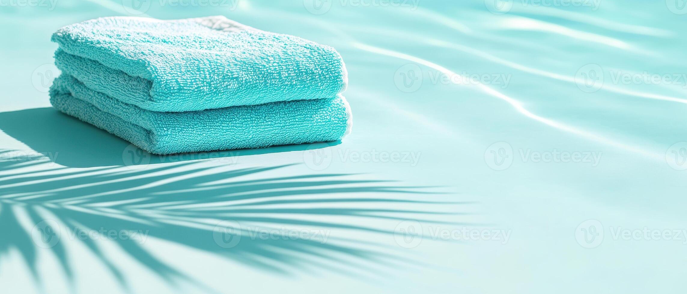 Soft turquoise towels stacked on serene poolside, casting gentle palm leaf shadow. Perfect for relaxation and summer vibes photo