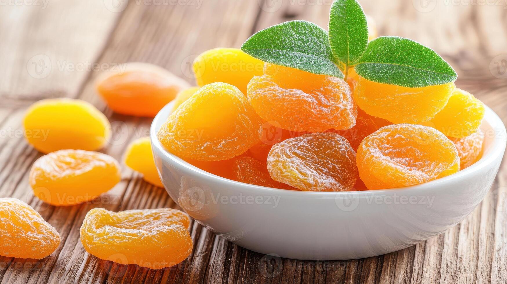Dried apricots and mango slices in white bowl, showcasing vibrant colors and fresh appearance. Perfect for healthy snacking or as decorative element photo