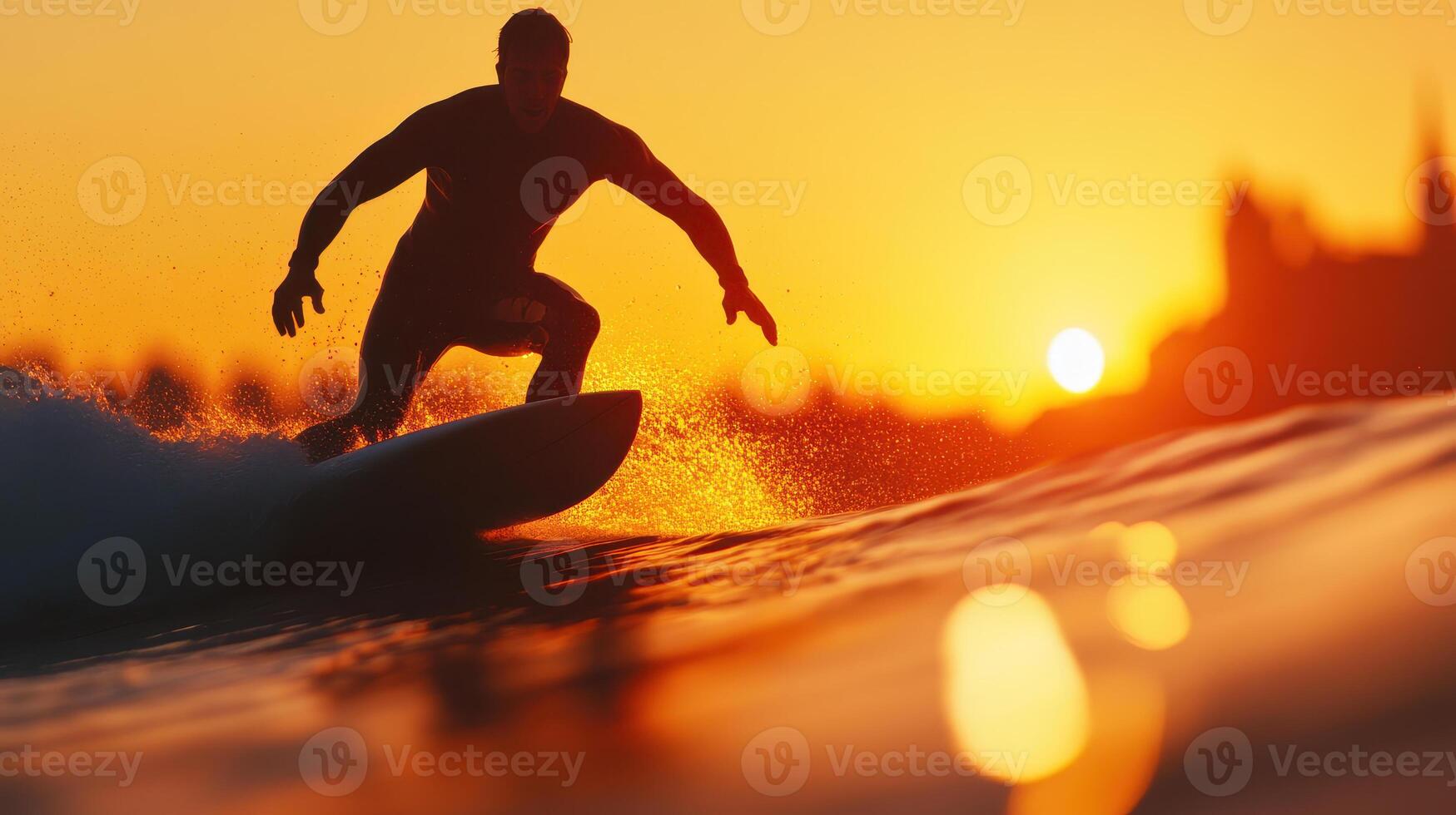 Surfer riding powerful wave at sunset, creating dynamic scene with vibrant colors photo