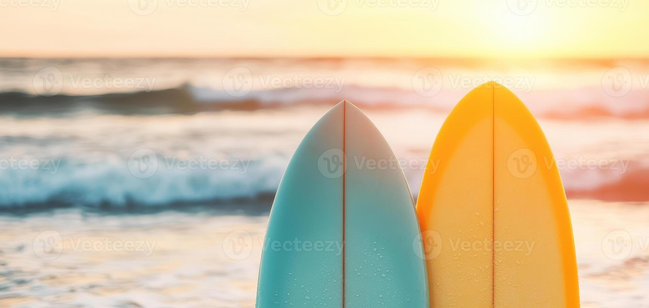 Surfboards in vibrant colors against sunset backdrop, capturing essence of summer and adventure photo