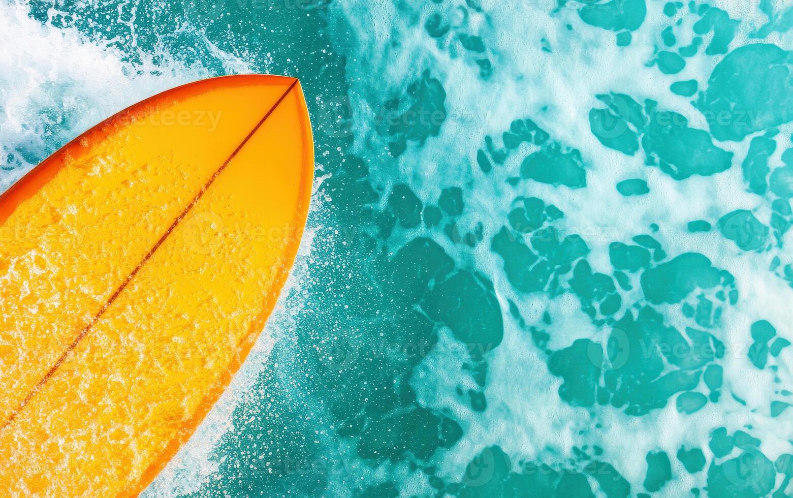 vibrant orange surfboard glides through turquoise waves, creating splashes of foam and excitement photo