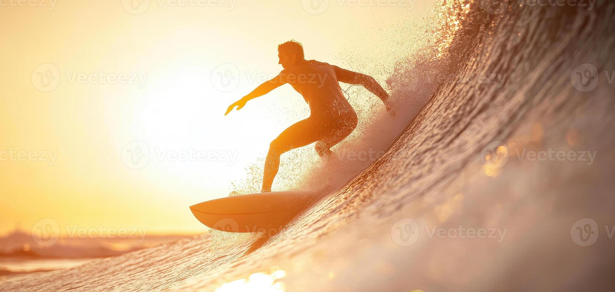 surfer skillfully carving through wave at sunset, showcasing dynamic movement and energy photo