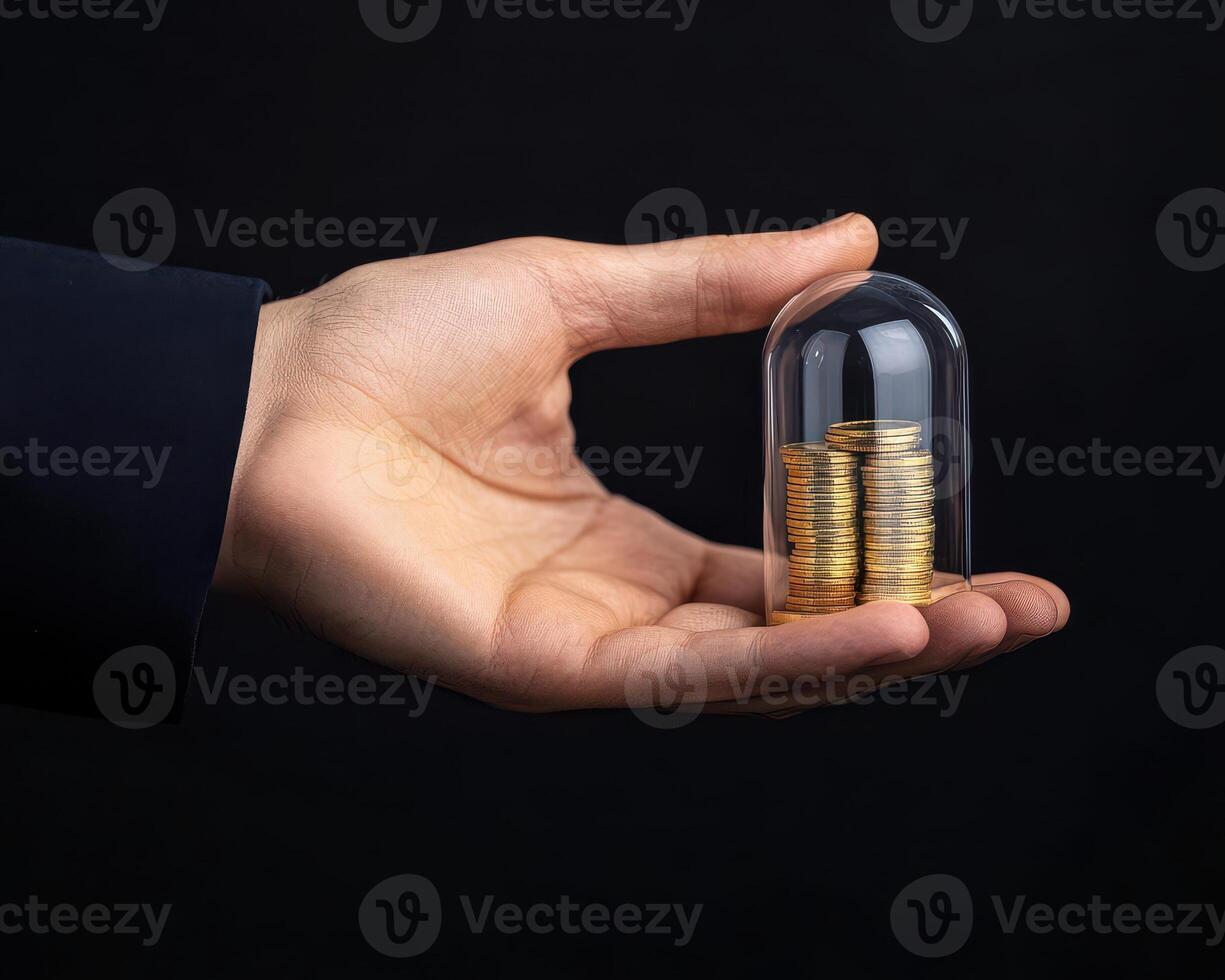 hand holding glass dome protecting stacked coins, symbolizing wealth and security photo