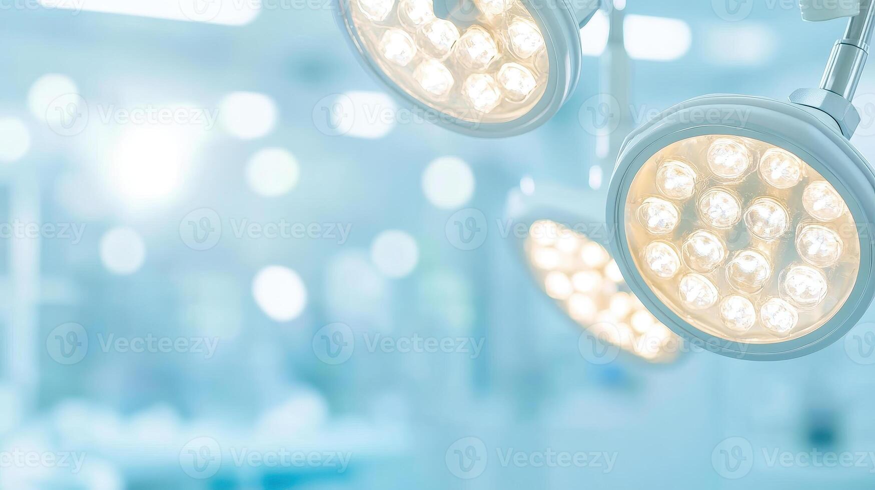 Modern operating room with surgical lights illuminating sterile environment. bright lights enhance visibility for precise medical procedures photo