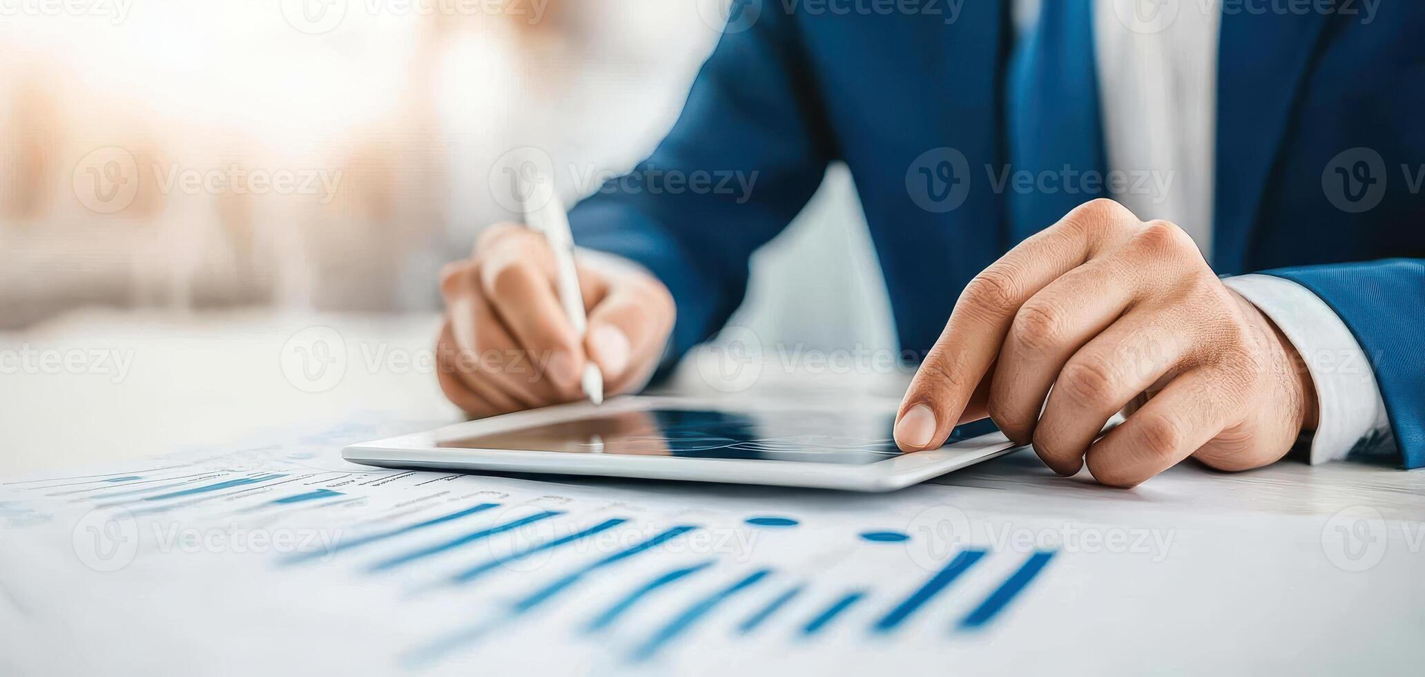Businessman reviewing data on tablet, analyzing graphs and charts with focus photo