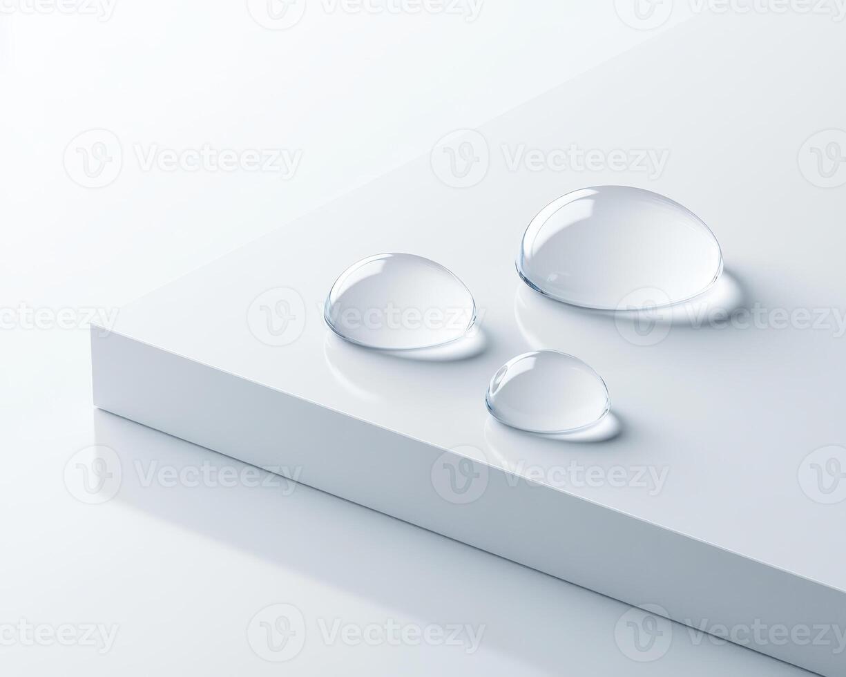 Clear water droplets resting on smooth white surface, creating serene and minimalist aesthetic photo