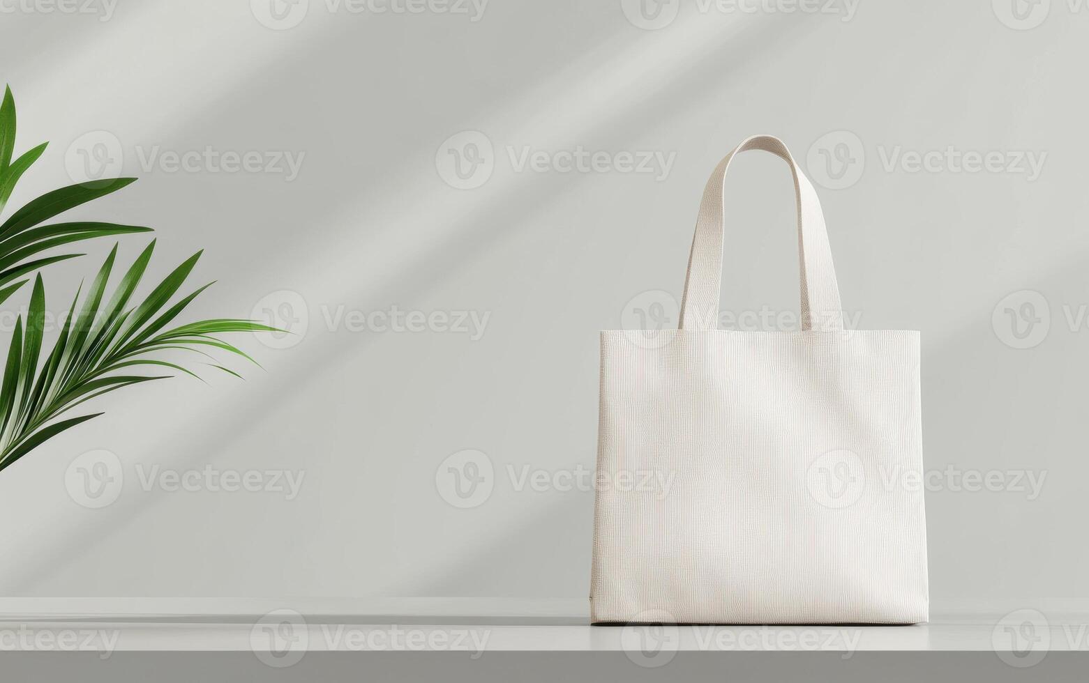 high angle view of reusable tote bag placed on table with plant in background, showcasing minimalist design and natural light photo