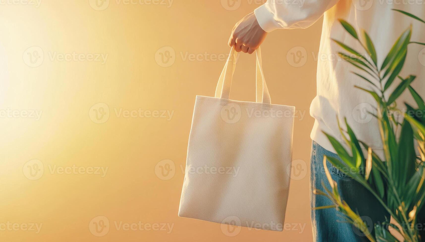 person casually carrying plain tote bag in warm, golden light setting, surrounded by greenery, evokes sense of tranquility and simplicity photo